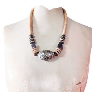1980s Vintage Big Bold Tribal Beaded Necklace Wood And Abalone Shell Brown Grey